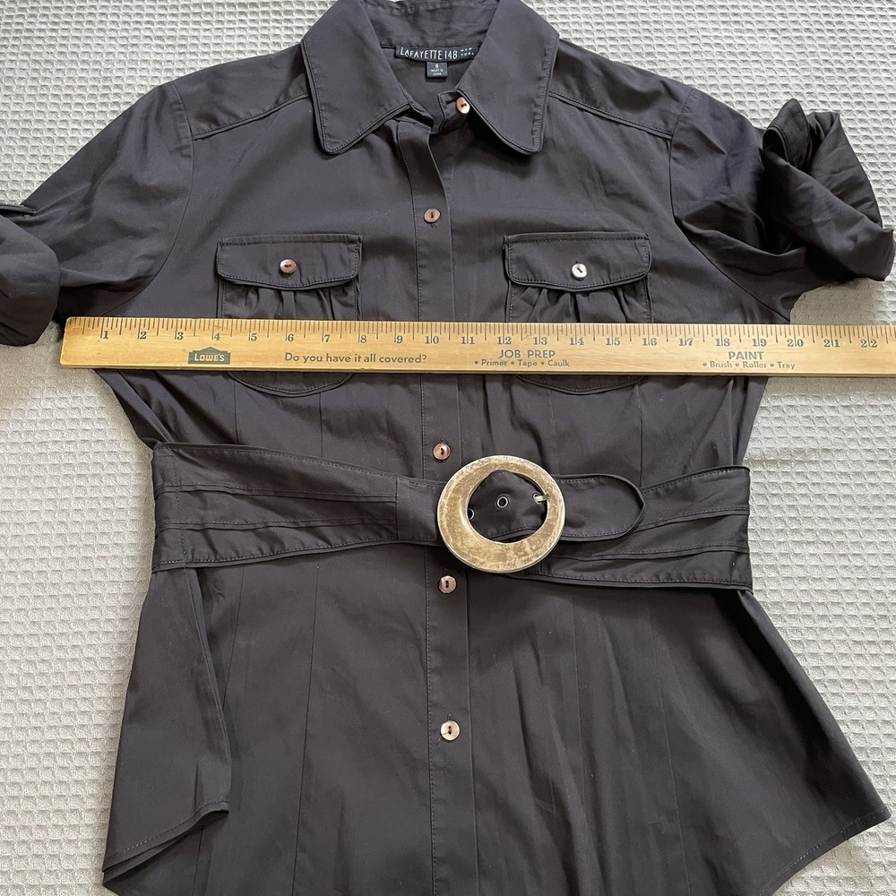 Lafayette 148 New York Utility Shirt 8 Womens Belted Dark Brown Cotton Stretch - Picture 6 of 8